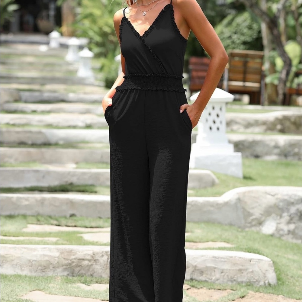 NWOT Black spaghetti strap ruffle v neck wide leg jumpsuit Black M - Picture 2 of 12